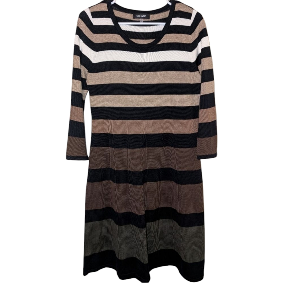 Nine West Striped Dress - Black, White, Tan